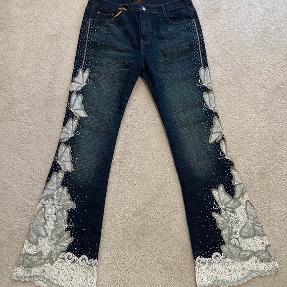 Amanda Adams Couture White Lace and Butterfly Embellished Jeans - Picture 1 of 10